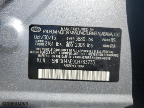2016 Hyundai Elantra SE with VIN 5NPDH4AE9GH783733, listed as a Copart auction lot 53752435 with 93,010 mi miles and Salvage Title. Bid and sale history available at carsss.com. Image 12.