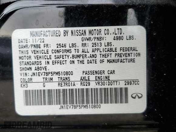 2023 Infiniti Q50 Luxe with VIN JN1EV7BP5PM510800, listed as a Copart auction lot 46805035 with 35,446 mi miles and Salvage Title. Bid and sale history available at DreamBid. Image 14.