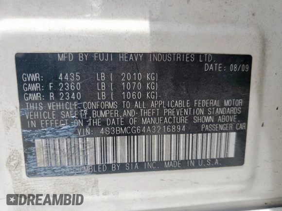 2010 Subaru Legacy Premium All-Weather Anniversary with VIN 4S3BMCG64A3216894, listed as a Copart auction lot 59358625 with 91,995 mi miles and Salvage title. Bid and sale history available at DreamBid. Image 13.