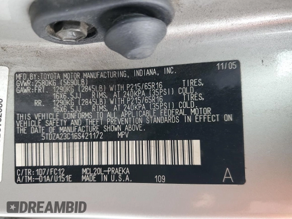 2006 Toyota Sienna CE with VIN 5TDZA23C16S421172, listed as a Copart auction lot 55663195 with 289,474 mi miles and Clean Title. Bid and sale history available at carsss.com. Image 13.