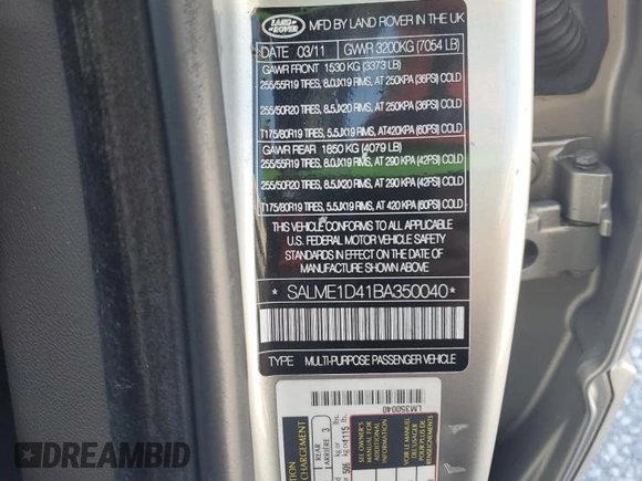 2011 Land Rover Range Rover HSE with VIN SALME1D41BA350040, listed as a Copart auction lot 57609055 with 137,440 mi miles and Clean title. Bid and sale history available at DreamBid. Image 13.