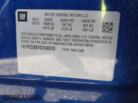 2013 Chevrolet Cruze 1LT with VIN 1G1PC5SB1D7248233, listed as a IAAI auction lot 42150409 with 151,307 mi miles and . Bid and sale history available at DreamBid. Image 9.