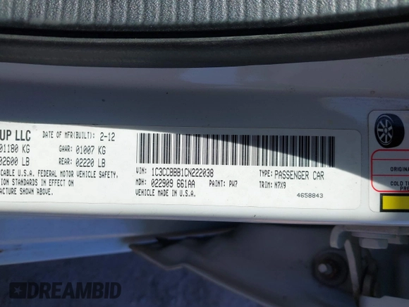 2012 Chrysler 200 Touring with VIN 1C3CCBBB1CN222038, listed as a IAAI auction lot 41894378 with 180,715 mi miles and . Bid and sale history available at carsss.com. Image 9.