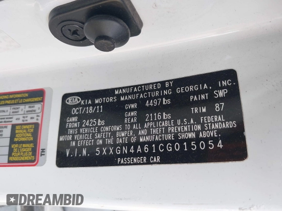 2012 Kia Optima EX with VIN 5XXGN4A61CG015054, listed as a IAAI auction lot 41796614 with Not Provided miles and . Bid and sale history available at carsss.com. Image 9.