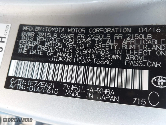 2016 Toyota Prius Four with VIN JTDKARFU0G3516680, listed as a IAAI auction lot 42062078 with 44,209 mi miles. Bid and sale history available at carsss.com. Image 9.