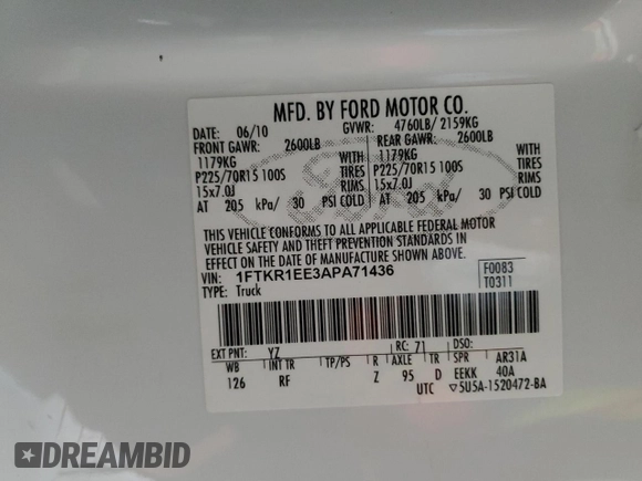 2010 Ford Ranger XL with VIN 1FTKR1EE3APA71436, listed as a Copart auction lot 42107085 with 71,772 mi miles and Salvage title. Bid and sale history available at DreamBid. Image 12.