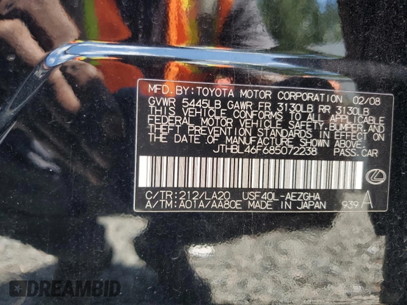 2008 Lexus LS 460 with VIN JTHBL46F685072238, listed as a Copart auction lot 61058165 with Not provided miles and Clean title. Bid and sale history available at DreamBid. Image 13.