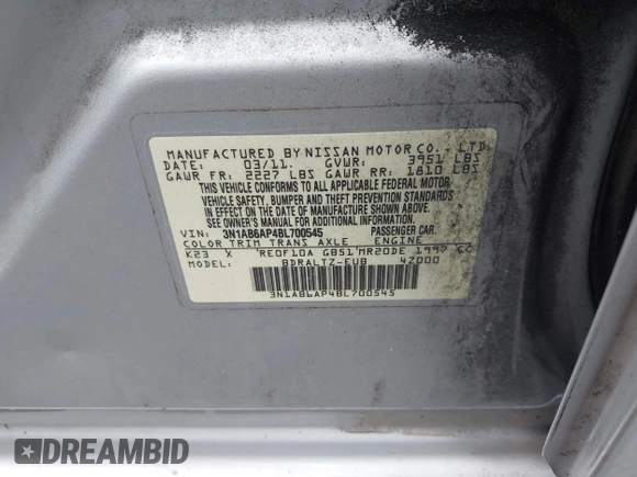 2011 Nissan Sentra SR with VIN 3N1AB6AP4BL700545, listed as a IAAI auction lot 41853263 with 263,866 mi miles and . Bid and sale history available at DreamBid. Image 9.