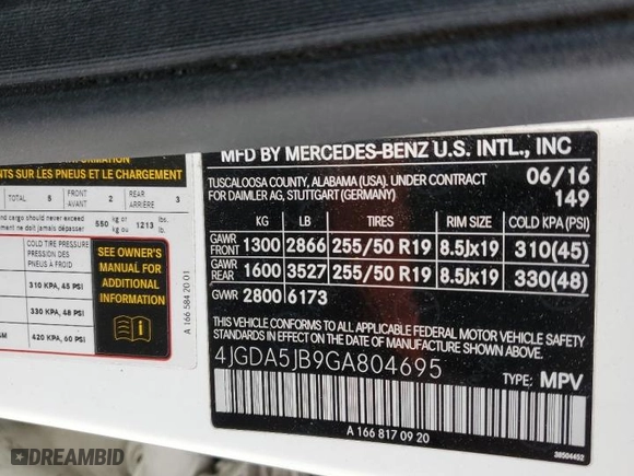 2016 Mercedes-Benz GLE with VIN 4JGDA5JB9GA804695, listed as a Copart auction lot 46270815 with NaN miles and Salvage Title. Bid and sale history available at carsss.com. Image 13.