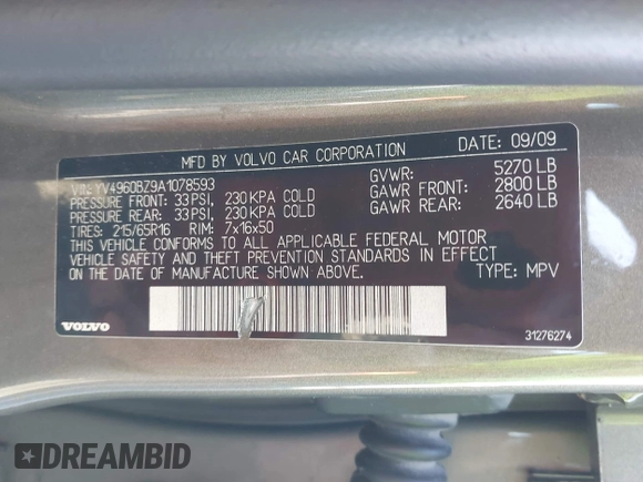 2010 Volvo XC70 3.2L with VIN YV4960BZ9A1078593, listed as a IAAI auction lot 42015234 with 242,005 mi miles and . Bid and sale history available at DreamBid. Image 9.