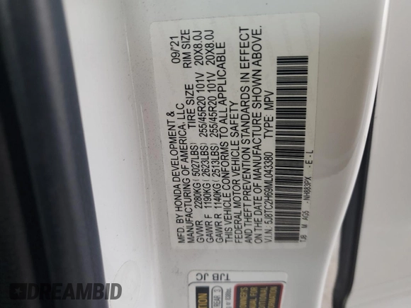 2021 Acura RDX w/A-Spec Package with VIN 5J8TC2H69ML043380, listed as a Copart auction lot 63219585 with 47,799 mi miles and Salvage title. Bid and sale history available at DreamBid. Image 13.
