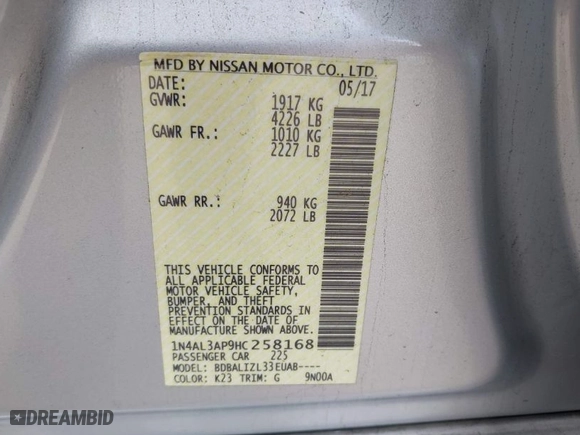 2017 Nissan Altima 2.5 SV with VIN 1N4AL3AP9HC258168, listed as a IAAI auction lot 41905641 with 168,935 mi miles. Bid and sale history available at carsss.com. Image 9.