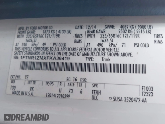 2015 Ford Transit Cargo with VIN 1FTNR1ZMXFKA38419, listed as a IAAI auction lot 41216802 with 109,744 mi miles and . Bid and sale history available at DreamBid. Image 9.