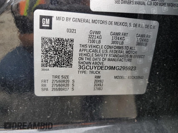 2021 Chevrolet Silverado 1500 LT with VIN 3GCUYDED9MG295923, listed as a Copart auction lot 52372845 with 43,298 mi miles and Salvage Title. Bid and sale history available at DreamBid. Image 12.