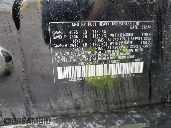 2015 Subaru Outback Limited with VIN 4S4BSALC2F3228633, listed as a Copart auction lot 44272265 with 139,187 mi miles and Salvage Title. Bid and sale history available at DreamBid. Image 13.