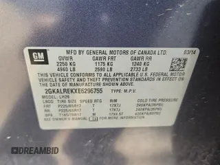 2014 GMC Terrain SLE with VIN 2GKALREKXE6296755, listed as a Copart auction lot 62009115 with 130,217 mi miles and Salvage title. Bid and sale history available at DreamBid. Image 13.