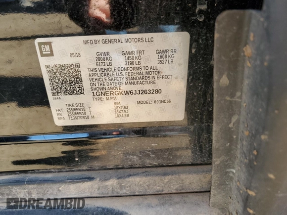 2018 Chevrolet Traverse LT Cloth with VIN 1GNERGKW6JJ263280, listed as a Copart auction lot 59155255 with 86,255 mi miles and Salvage title. Bid and sale history available at DreamBid. Image 13.