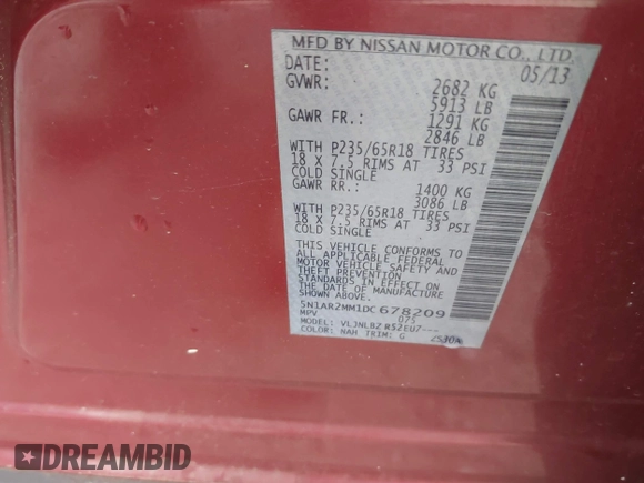 2013 Nissan Pathfinder SV with VIN 5N1AR2MM1DC678209, listed as a IAAI auction lot 42138615 with 200,000 mi miles and . Bid and sale history available at DreamBid. Image 9.