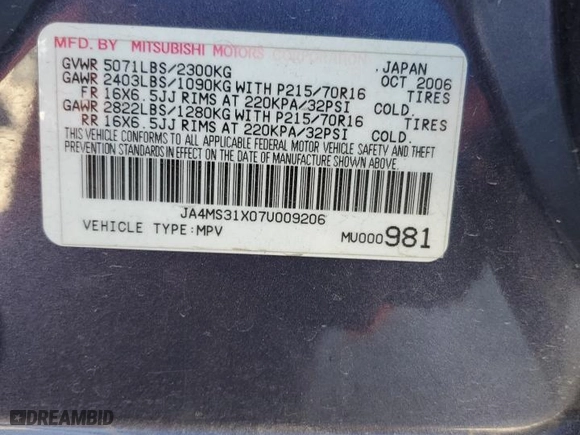 2007 Mitsubishi Outlander ES with VIN JA4MS31X07U009206, listed as a Copart auction lot 41582285 with 166,444 mi miles and Salvage Title. Bid and sale history available at carsss.com. Image 15.