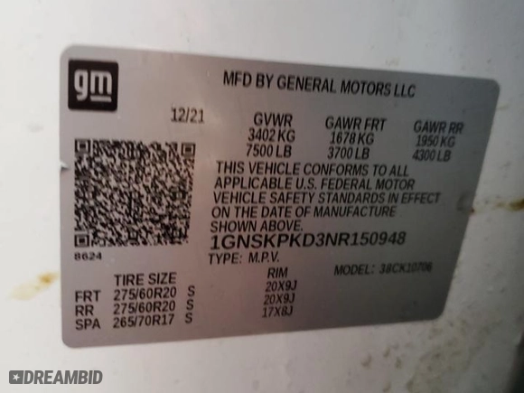 2022 Chevrolet Tahoe Z71 with VIN 1GNSKPKD3NR150948, listed as a Copart auction lot 47451965 with 52,002 mi miles and Salvage Title. Bid and sale history available at carsss.com. Image 13.