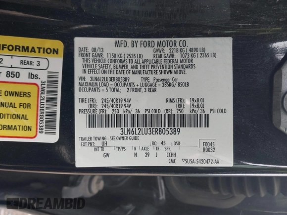 2014 Lincoln MKZ Hybrid with VIN 3LN6L2LU3ER805389, listed as a IAAI auction lot 42000901 with 155,002 mi miles and . Bid and sale history available at DreamBid. Image 9.
