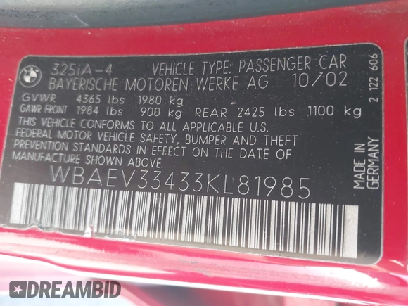 2003 BMW 3 Series 325i with VIN WBAEV33433KL81985, listed as a IAAI auction lot 42397149 with 212,346 mi miles and . Bid and sale history available at DreamBid. Image 9.