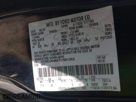 2007 Ford Explorer Eddie Bauer with VIN 1FMEU64867UB81262, listed as a IAAI auction lot 42558524 with 185,471 mi miles and . Bid and sale history available at DreamBid. Image 9.