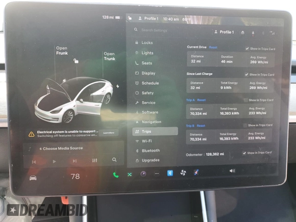 2020 Tesla Model 3 Standard Range Plus with VIN 5YJ3E1EA6LF661513, listed as a Copart auction lot 47008985 with 128,362 mi miles and Non Repairable. Bid and sale history available at DreamBid. Image 9.