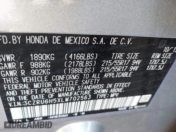2020 Honda HR-V EX with VIN 3CZRU6H5XLM702563, listed as a IAAI auction lot 42119352 with 11,549 mi miles. Bid and sale history available at carsss.com. Image 9.