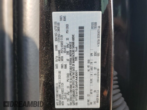2017 Ford F-150 XL with VIN 1FTEW1EG5HFA43001, listed as a Copart auction lot 59080515 with 145,887 mi miles and Salvage title. Bid and sale history available at DreamBid. Image 13.