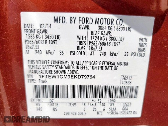 2014 Ford F-150 XL с VIN 1FTEW1CM0EKD79764, выставлен на аукционе Copart как лот 59053215 с пробегом 256 222 миль миль и Списание • Salvage title. История ставок и продаж доступна на DreamBid. Изображение 12.