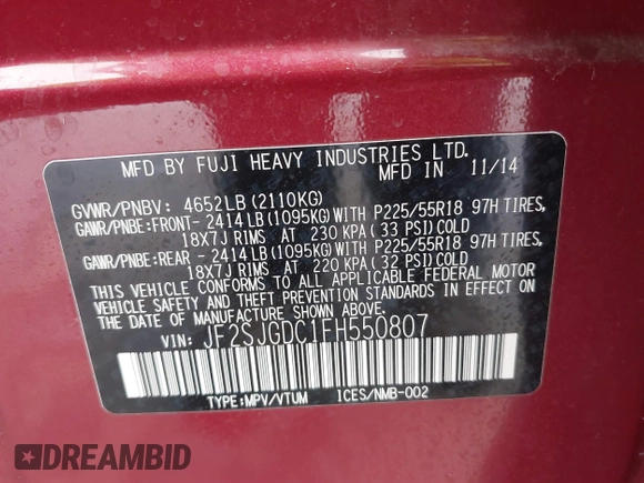 2015 Subaru Forester 2.0XT Premium with VIN JF2SJGDC1FH550807, listed as a IAAI auction lot 41712241 with 79,929 mi miles. Bid and sale history available at carsss.com. Image 9.