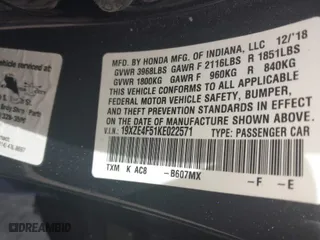 2019 Honda Insight EX with VIN 19XZE4F51KE022571, listed as a IAAI auction lot 41813138 with 99,711 mi miles. Bid and sale history available at carsss.com. Image 9.