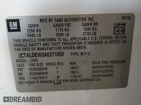 2010 GMC Terrain SLE-2 with VIN 2CTALDEW9A6371669, listed as a Copart auction lot 43145445 with 135,587 mi miles and Salvage Title. Bid and sale history available at carsss.com. Image 14.