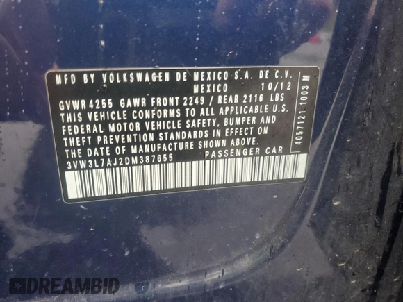2013 Volkswagen Jetta TDI w/Premium with VIN 3VW3L7AJ2DM387655, listed as a Copart auction lot 56869615 with Not provided miles and Clean title. Bid and sale history available at DreamBid. Image 12.
