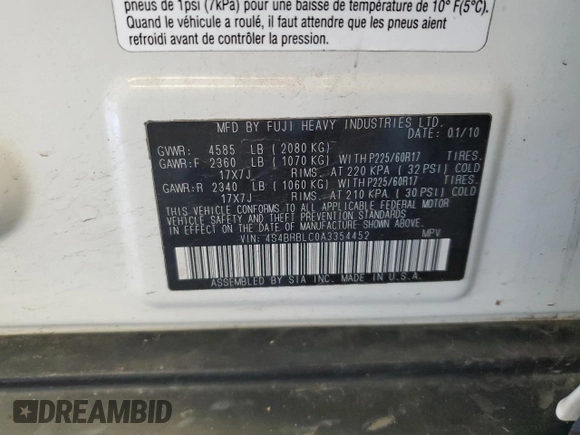 2010 Subaru Outback Limited Power Moon с VIN 4S4BRBLC0A3354452, выставлен на аукционе Copart как лот 54855185 с пробегом 113 870 миль миль и Списание • Salvage title. История ставок и продаж доступна на DreamBid. Изображение 13.