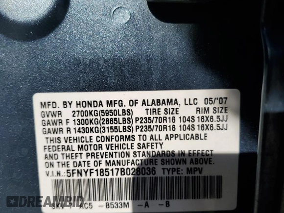 2007 Honda Pilot EX-L with VIN 5FNYF18517B028036, listed as a Copart auction lot 72685494 with Not Provided miles and Salvage Title. Bid and sale history available at DreamBid. Image 15.