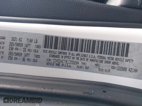 2020 Dodge Durango R/T with VIN 1C4SDHCT9LC259204, listed as a IAAI auction lot 41921887 with 119,203 mi miles and . Bid and sale history available at DreamBid. Image 9.