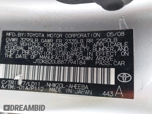 2008 Toyota Prius with VIN JTDKB20U887794184, listed as a IAAI auction lot 42081803 with 244,969 mi miles and . Bid and sale history available at DreamBid. Image 9.