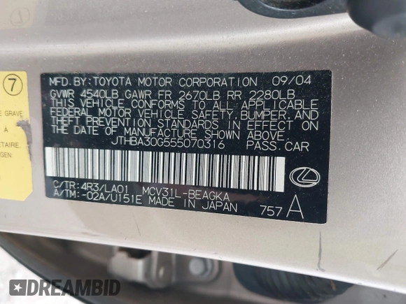 2005 Lexus ES 350 z VIN JTHBA30G555070316, wystawiony jako IAAI lot #42361017 z przebiegiem 251 072 mil mil oraz . Historia ofert i sprzedaży dostępna na DreamBid. Obrazek 9.