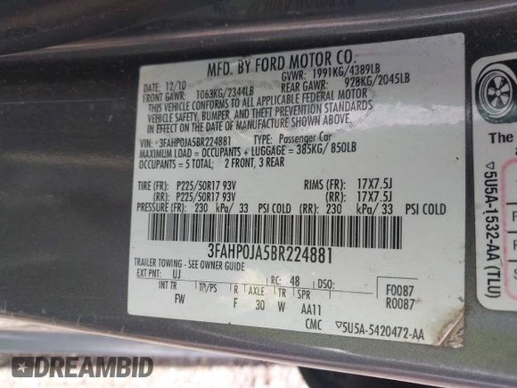 2011 Ford Fusion SEL with VIN 3FAHP0JA5BR224881, listed as a IAAI auction lot 42194438 with 335,334 mi miles and . Bid and sale history available at carsss.com. Image 9.