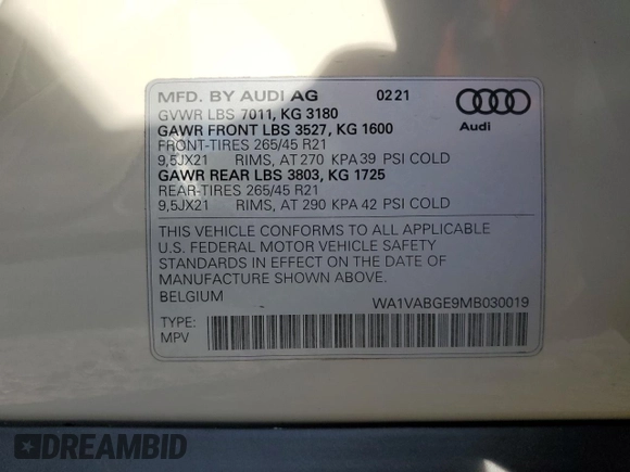 2021 Audi e-tron Prestige with VIN WA1VABGE9MB030019, listed as a Copart auction lot 42203863 with 24,925 mi miles and . Bid and sale history available at DreamBid. Image 13.