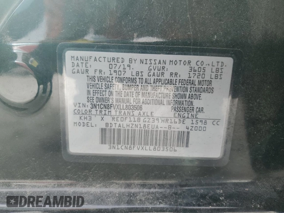 2020 Nissan Versa SR with VIN 3N1CN8FVXLL803506, listed as a Copart auction lot 49187345 with 39,957 mi miles and Salvage Title. Bid and sale history available at carsss.com. Image 14.