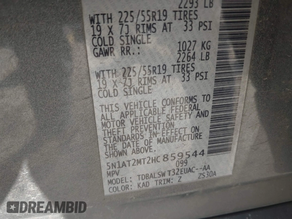 2017 Nissan Rogue SL with VIN 5N1AT2MT2HC859544, listed as a IAAI auction lot 40773928 with 200,265 mi miles and . Bid and sale history available at DreamBid. Image 9.