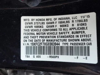 2016 Honda Civic Sedan EX with VIN 19XFC2F7XGE003944, listed as a IAAI auction lot 41671177 with 1 mi miles. Bid and sale history available at carsss.com. Image 9.