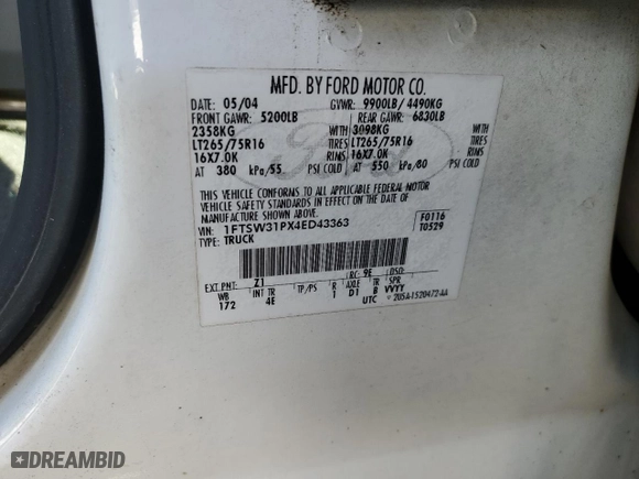 2004 Ford Super Duty F-350 SRW XL with VIN 1FTSW31PX4ED43363, listed as a Copart auction lot 48063565 with 0 mi miles and Salvage Title. Bid and sale history available at carsss.com. Image 12.