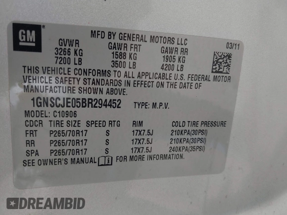 2011 Chevrolet Suburban LT with VIN 1GNSCJE05BR294452, listed as a IAAI auction lot 42107580 with 165,313 mi miles and . Bid and sale history available at DreamBid. Image 9.
