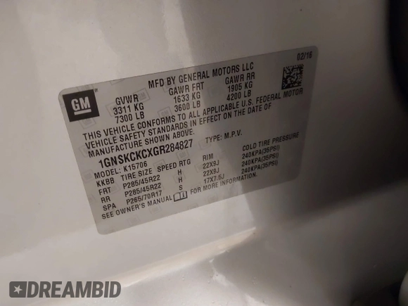 2016 Chevrolet Tahoe LTZ z VIN 1GNSKCKCXGR284827, wystawiony jako IAAI lot #41389540 z przebiegiem 93 150 mil mil oraz . Historia ofert i sprzedaży dostępna na DreamBid. Obrazek 9.