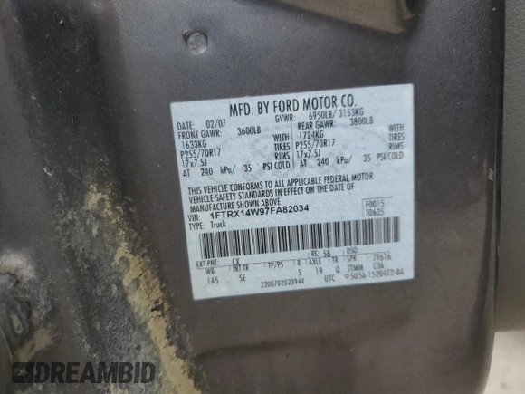 2007 Ford F-150 STX with VIN 1FTRX14W97FA82034, listed as a Copart auction lot 54913325 with 227,290 mi miles and Non repairable. Bid and sale history available at DreamBid. Image 12.