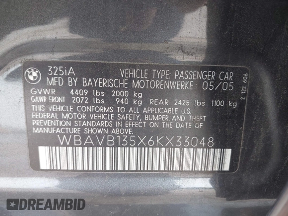 2006 BMW 3 Series 325i with VIN WBAVB135X6KX33048, listed as a IAAI auction lot 42415615 with 205,421 mi miles and . Bid and sale history available at DreamBid. Image 9.